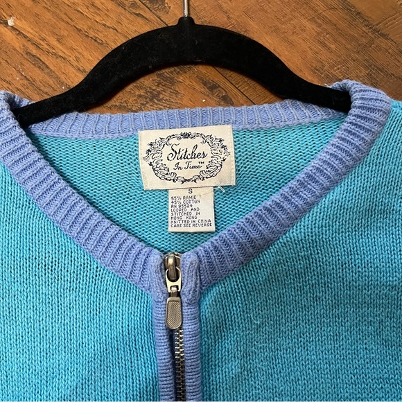 Stitches color block zip up knit sweater v neck long sleeve bright Sz small vntg - Picture 5 of 12